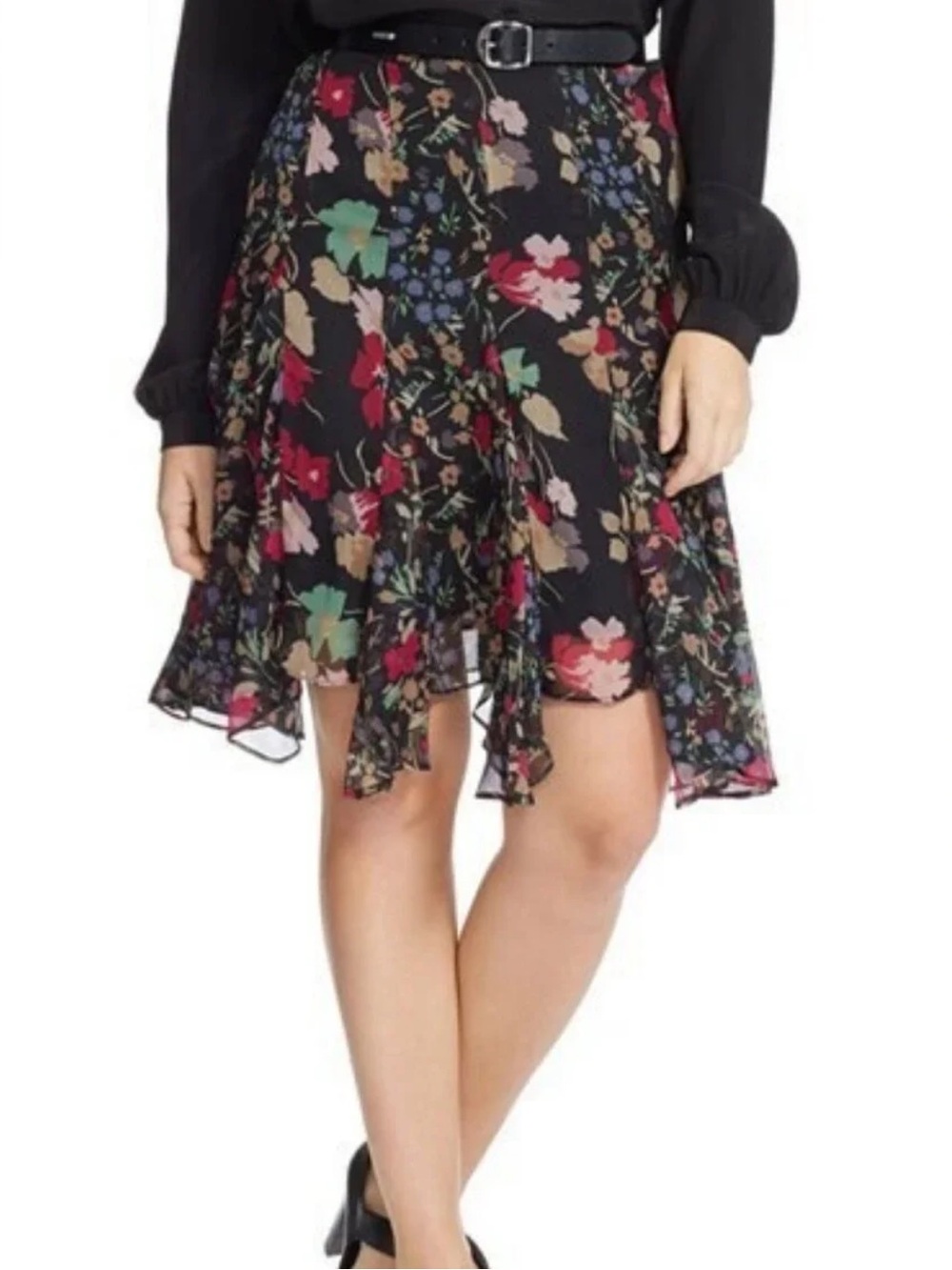 Lauren Ralph Lauren Black Floral Circle Skirt with Multicolor Blooms New